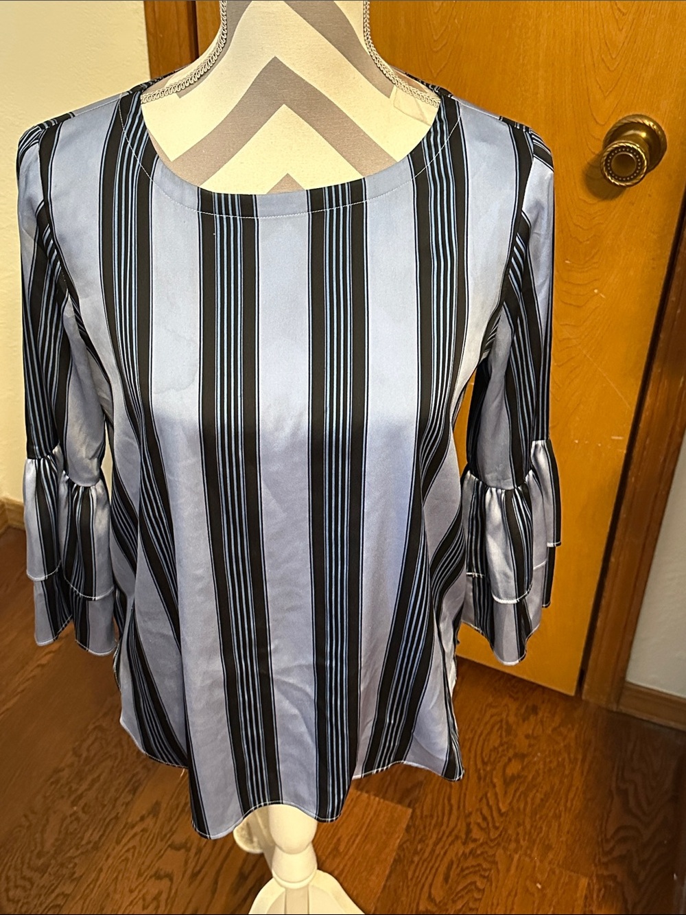 LOFT Light Blue and Black Vertical Stripe Bell-Sleeve Blouse